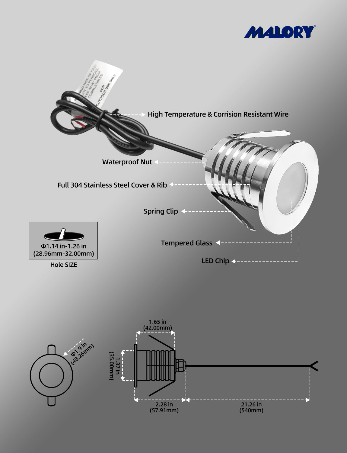 MALORY Outdoor Stainless Steel 3W Low Voltage Recessed LED Deck & Step Lights 6pack (MLR-SSG01~03)