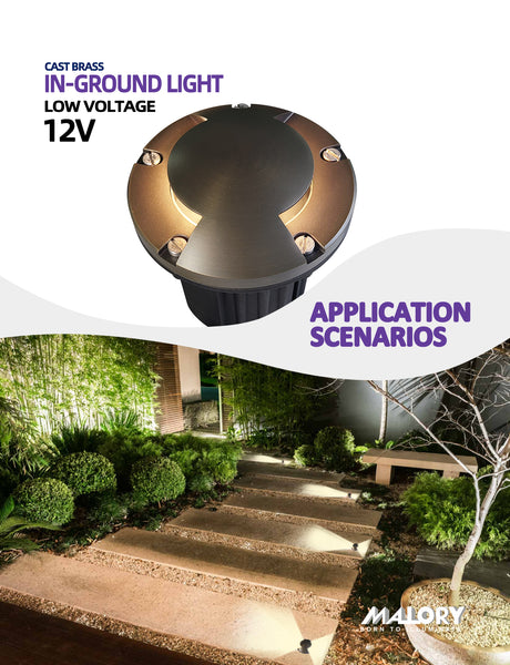 MALORY 12V Brass In-Ground Well Light with Two-Direction Turret – Low Voltage Landscape Lighting (MLR-G06)
