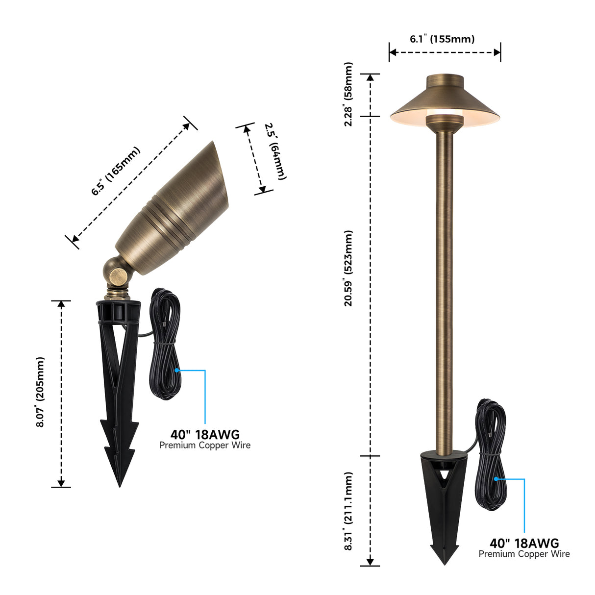 MALORY Essential 6-Light Low Voltage Brass Landscape Lighting Kit – 4 Spotlights + 2 Path Lights + 150W Transfomer+ 100 FT cable (MLR-K01)