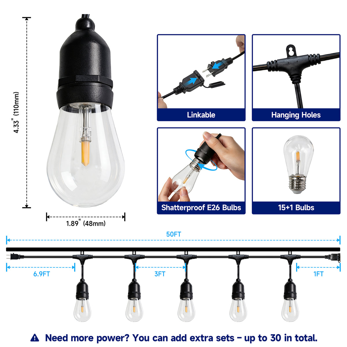 Malory 120V 50FT Outdoor Bistro String Lights – 15 COB LED Bulbs, 1W, 60 Lumens Each (MLR-ST01)