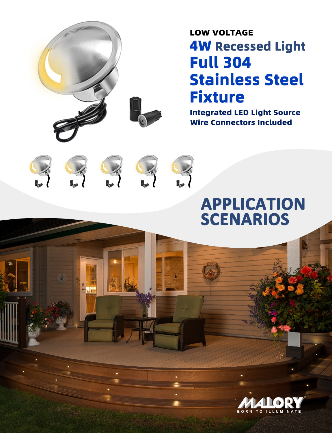 MALORY Stainless Steel 4W 12V Recessed LED Deck Light Step Stair Lights Round Top-(MLR-SSG08~09)