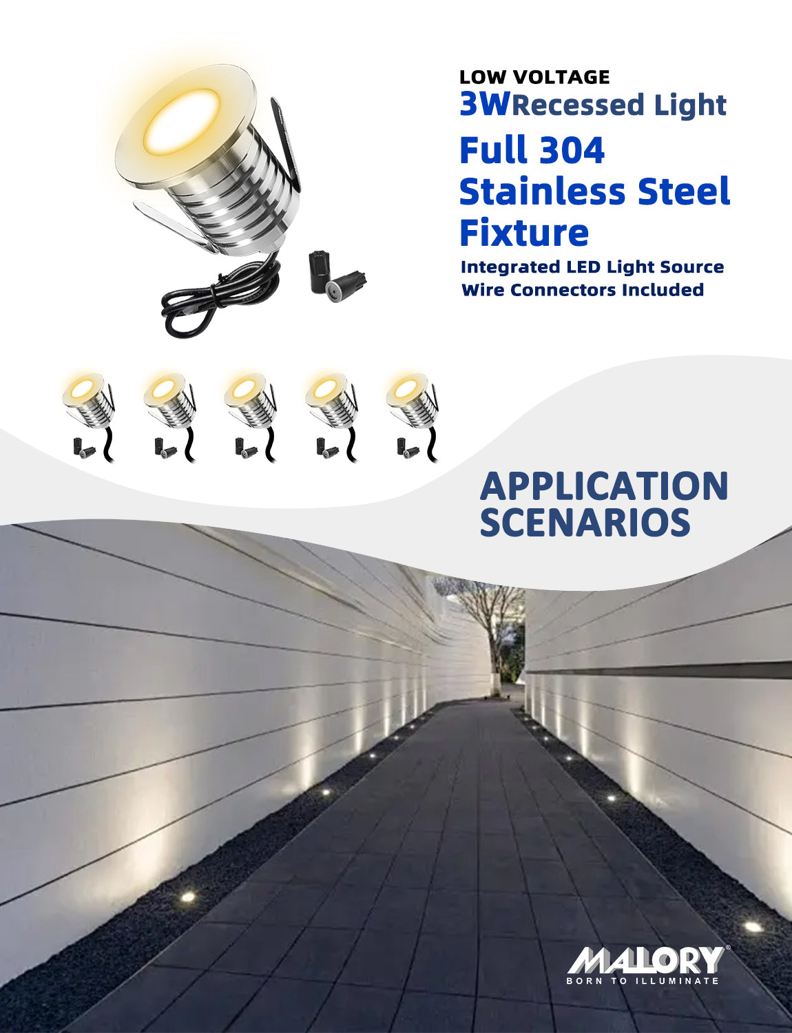 MALORY Outdoor Stainless Steel 3W Low Voltage Recessed LED Deck & Step Lights 6pack (MLR-SSG01~03)