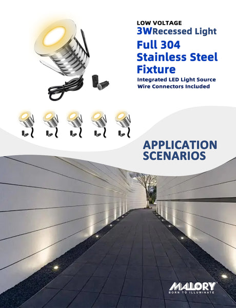 MALORY Outdoor Stainless Steel 3W Low Voltage Recessed LED Deck & Step Lights 6pack (MLR-SSG01~03οΌ