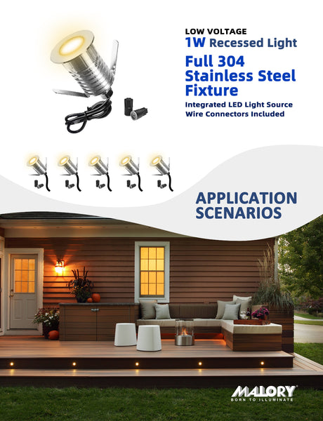 MALORY Low Voltage Stainless Steel 1W IP67 Recessed LED Deck Light 6pack (MLR-SSG04~06)