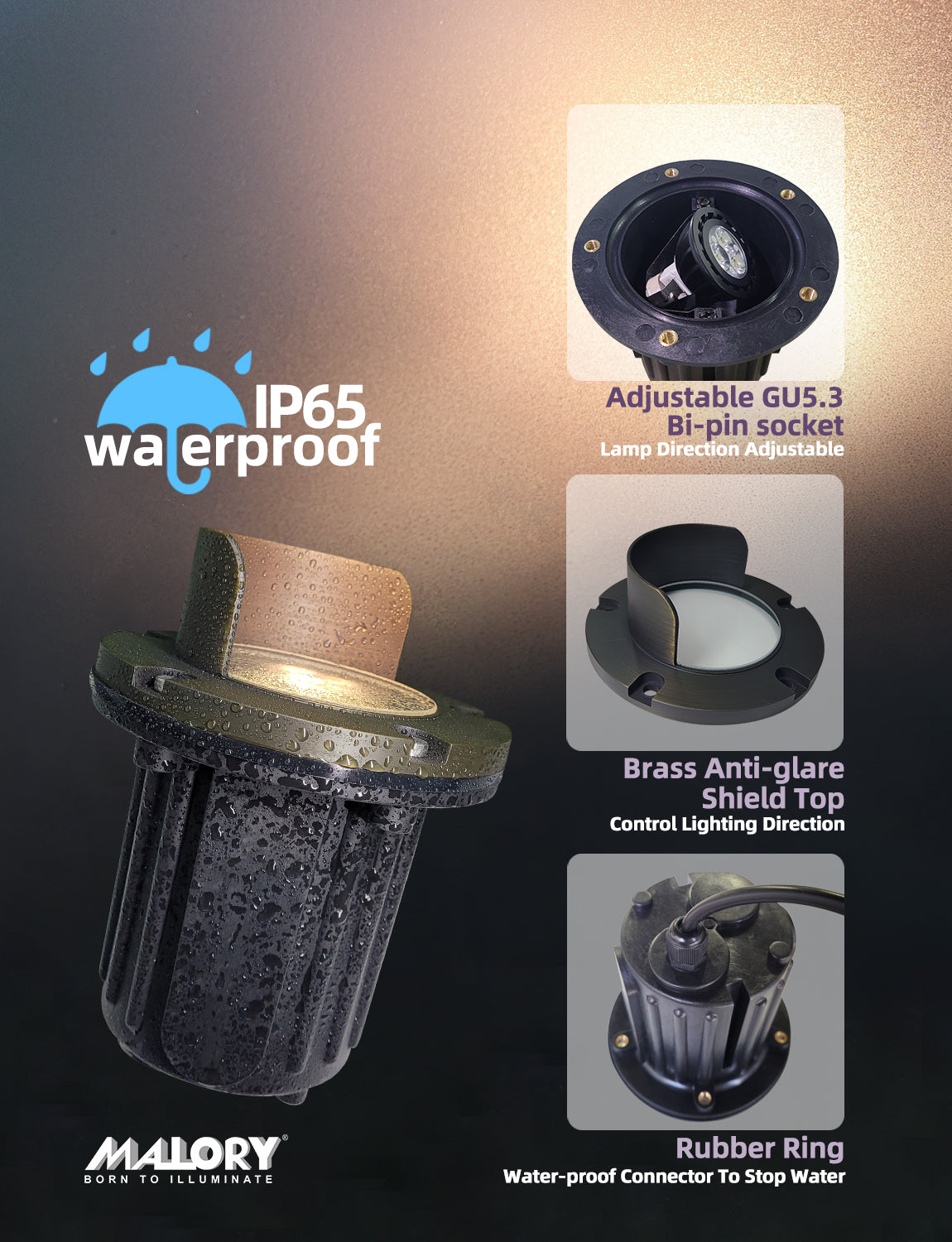 MALORY Brass In-Ground Well Light with Glare Shield β Low Voltage Waterproof Landscape Uplight (MLR-G04)