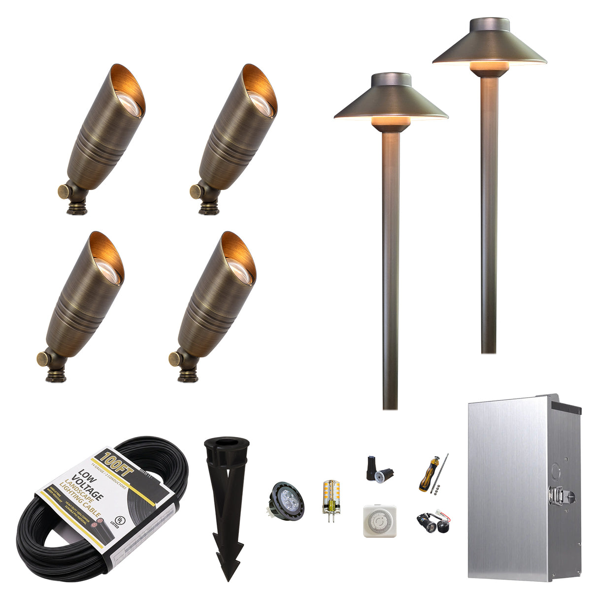 MALORY Essential 6-Light Low Voltage Brass Landscape Lighting Kit – 4 Spotlights + 2 Path Lights (MLR-K01)