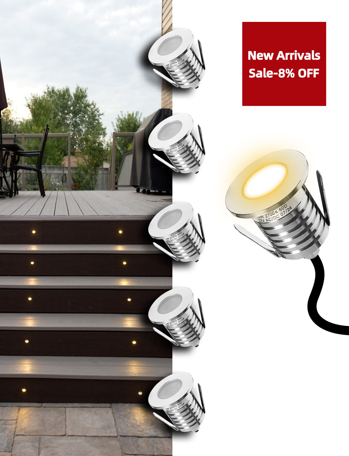 MALORY Outdoor Stainless Steel 3W Low Voltage Recessed LED Deck & Step Lights 6pack (MLR-SSG01~03)