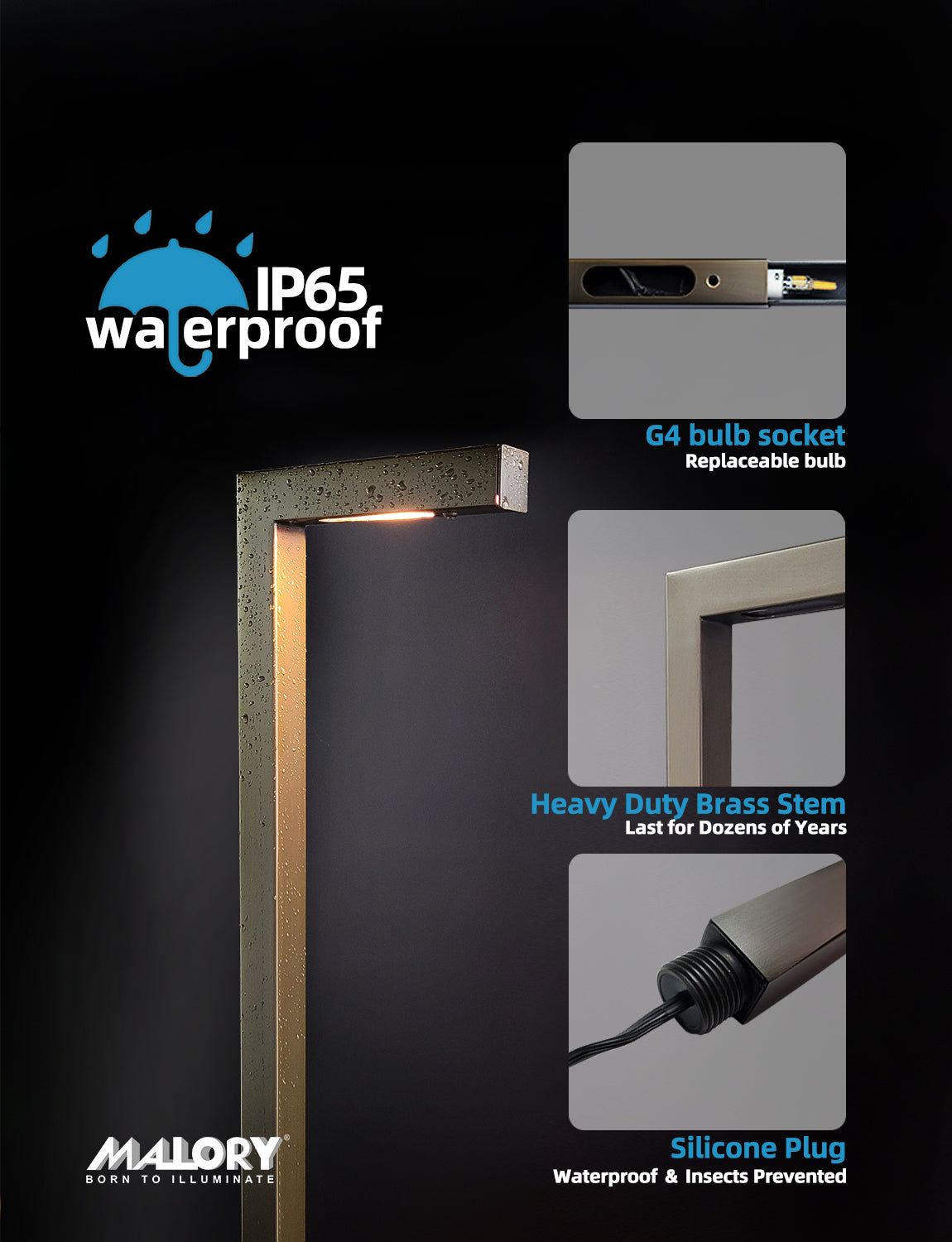 MALORY Brass Waterproof Landscape Low Voltage LED Path Lights for Garden,Walkway (MLR-P02)