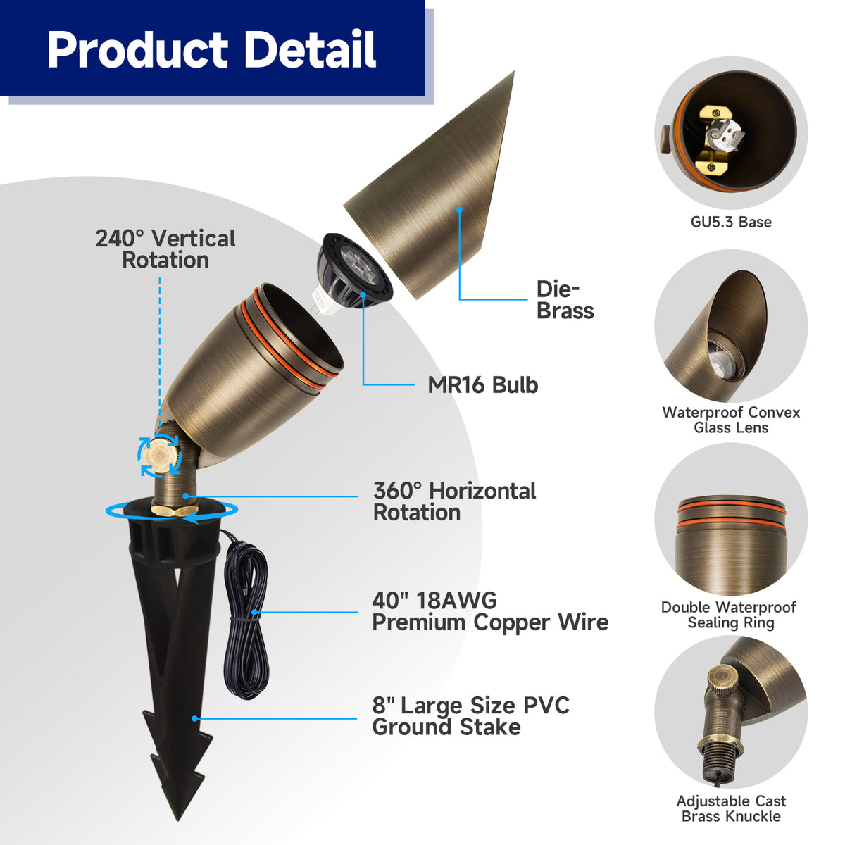 Malory MLR-S06 Solid Brass Low Voltage Landscape Spotlight,Replaceable Bulb, IP65 Waterproof