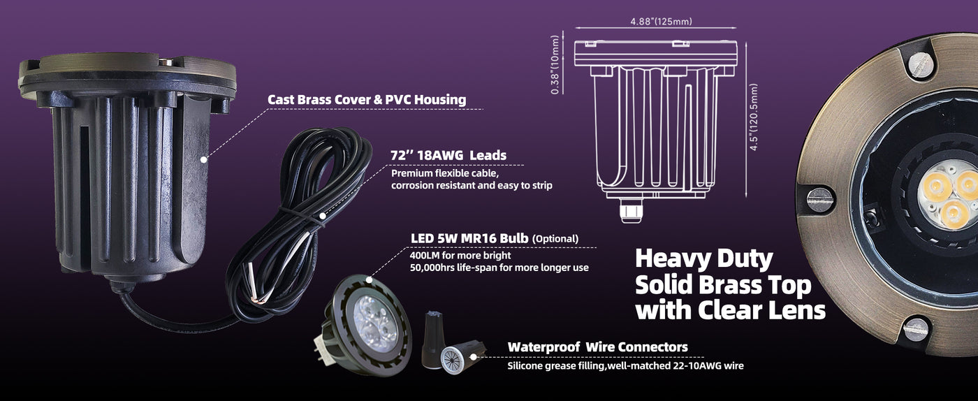 Solid brass housing detail of inground landscape light MLR-G01