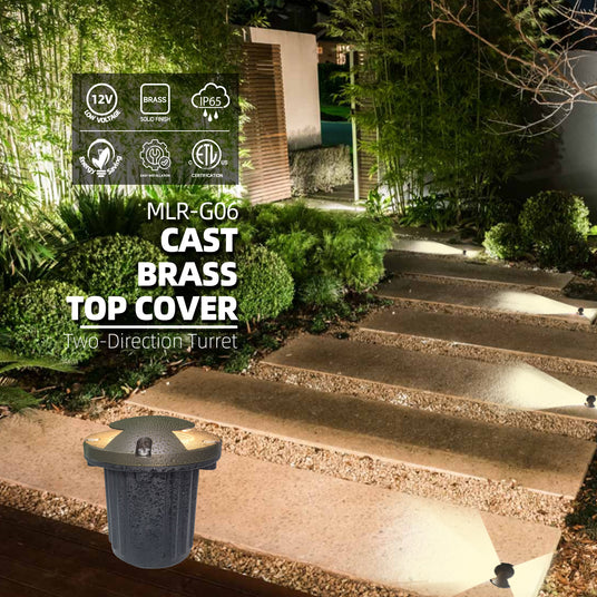 Brass inground landscape light MLR-G06 illuminating landscape at night