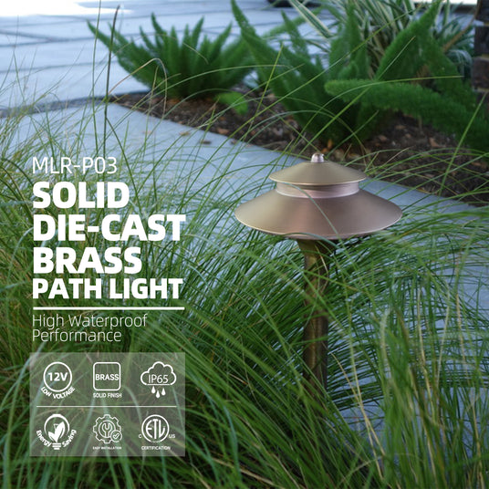 Brass path light MLR-P03 installed along front yard walkway