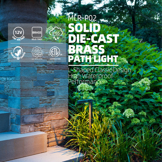 Brass landscape path light MLR-P02 used along garden border