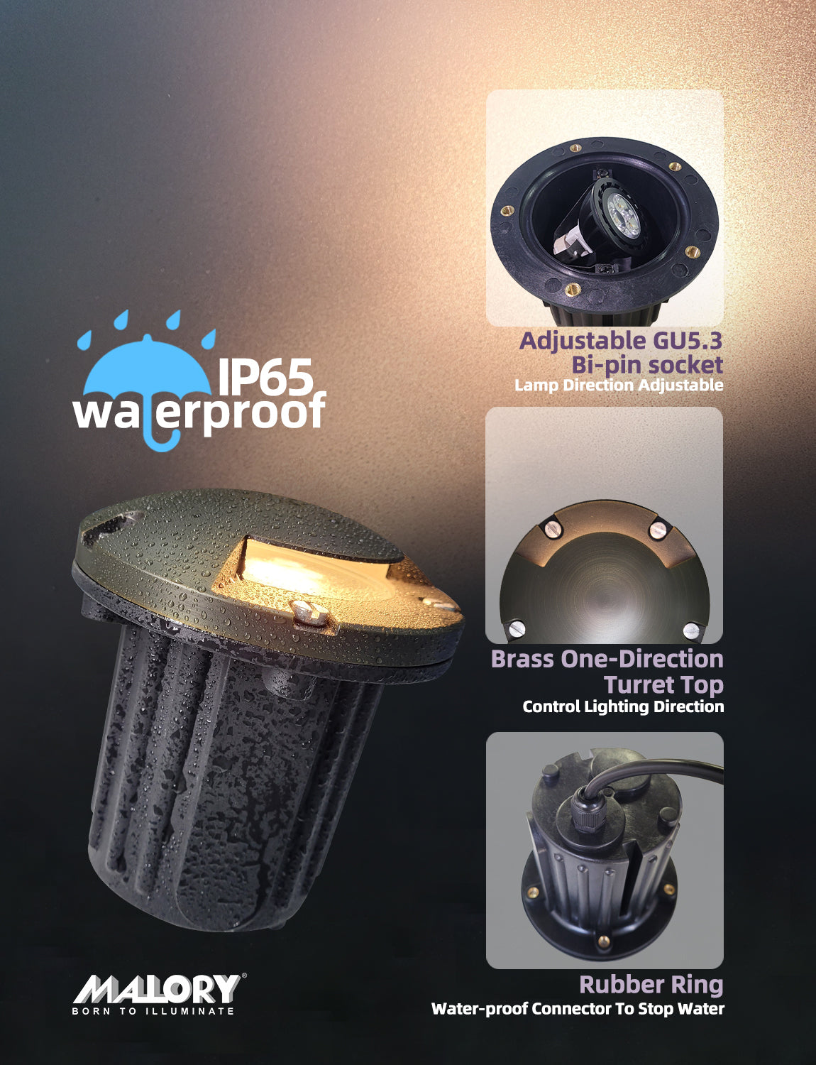 MALORY 12V Brass In-Ground Well Light with One-Direction Turret – Low Voltage Landscape Uplight(MLR-G05)