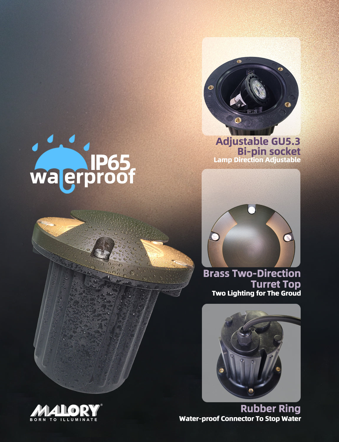 MALORY 12V Brass In-Ground Well Light with Two-Direction Turret β Low Voltage Landscape Lighting (MLR-G06)