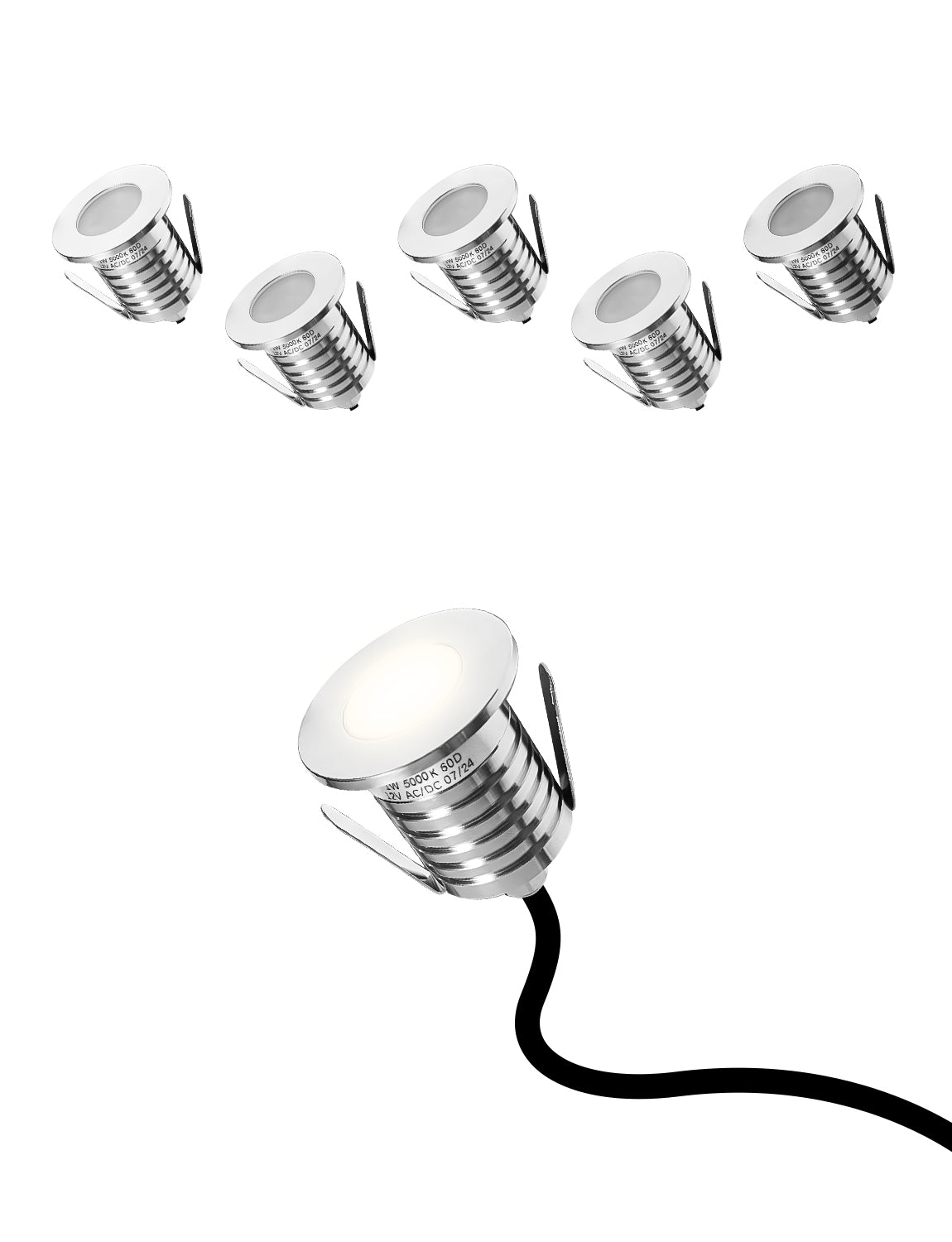 LED recessed deck step light set installed along stairway