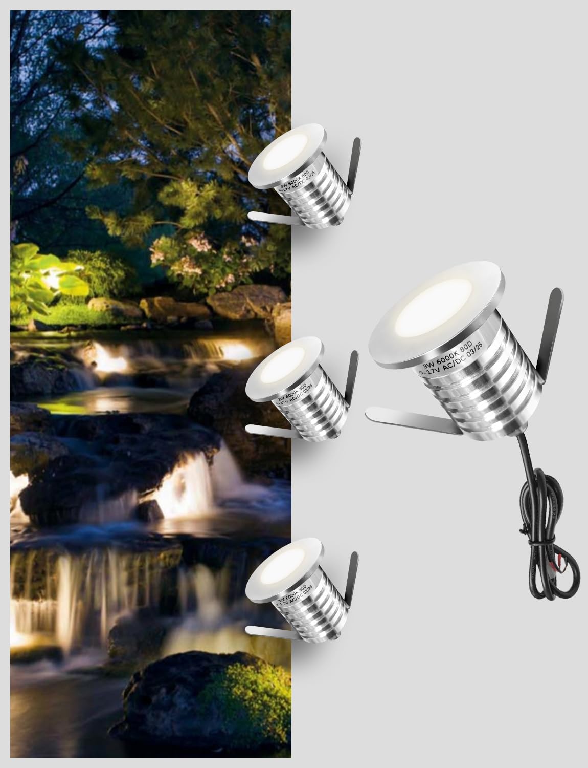 MALORY Low Voltage Full Stainless Steel Pond Lights, LED 3W 6000K IP68 Underwater Swimming Pool Light(MLR-SSG15))