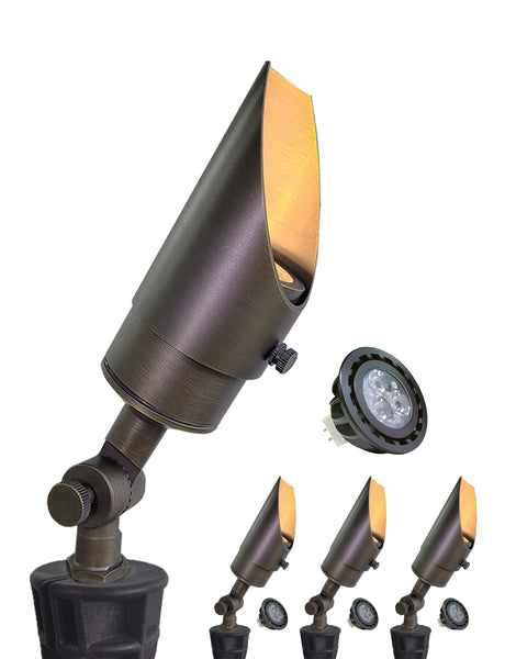 MALORY 12V Brass Shroud Adjustable Outside Spotlights PVC Ground Stake and Wire Connector Included (MLR-S04)