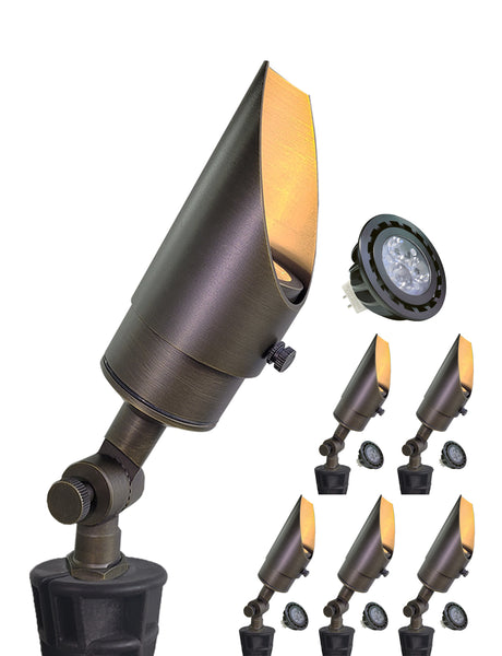 MALORY 12V Brass Shroud Adjustable Outside Spotlights PVC Ground Stake and Wire Connector Included (MLR-S04)