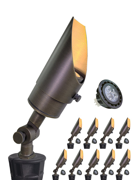 MALORY 12V Brass Shroud Adjustable Outside Spotlights PVC Ground Stake and Wire Connector Included (MLR-S04)