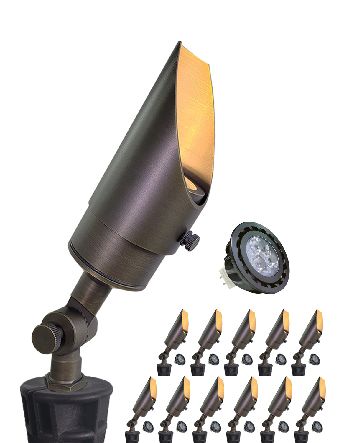 MALORY 12V Brass Shroud Adjustable Outside Spotlights PVC Ground Stake and Wire Connector Included (MLR-S04)