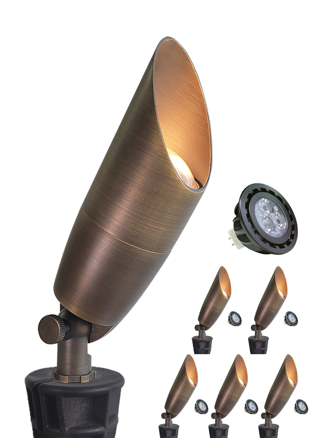 MALORY 12V Solid Brass Outdoor Spotlight for Front and Backyard with Large Rugged Slot Spike (MLR-S06)