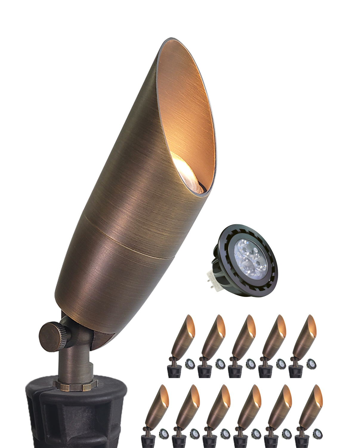 MALORY 12V Solid Brass Outdoor Spotlight for Front and Backyard with Large Rugged Slot Spike (MLR-S06)