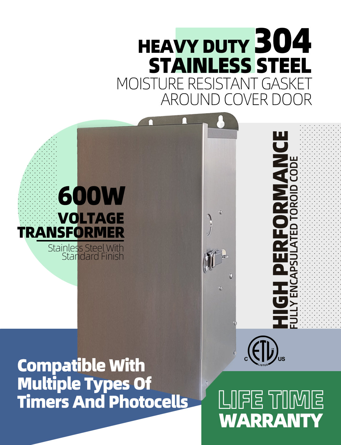 MALORY 600W Low Voltage Landscape Transformer – Multi-Tap Power Supply (12V–22V) for Outdoor Lighting (MLR-T04)