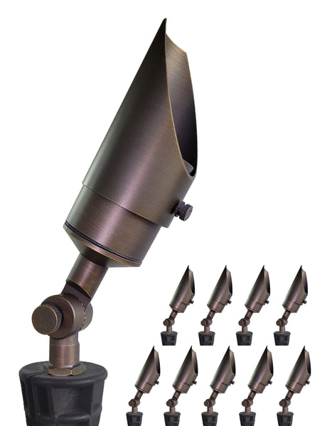 MALORY 12V Brass Shroud Adjustable Outside Spotlights PVC Ground Stake and Wire Connector Included (MLR-S04)
