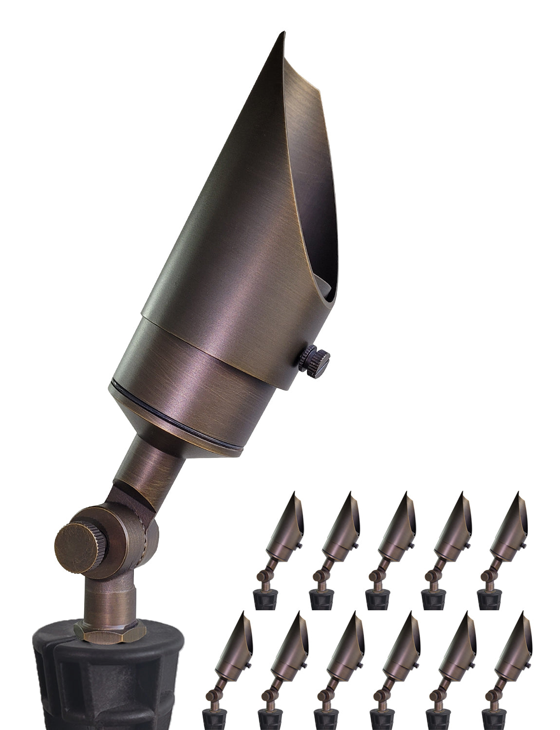 MALORY 12V Brass Shroud Adjustable Outside Spotlights PVC Ground Stake and Wire Connector Included (MLR-S04)