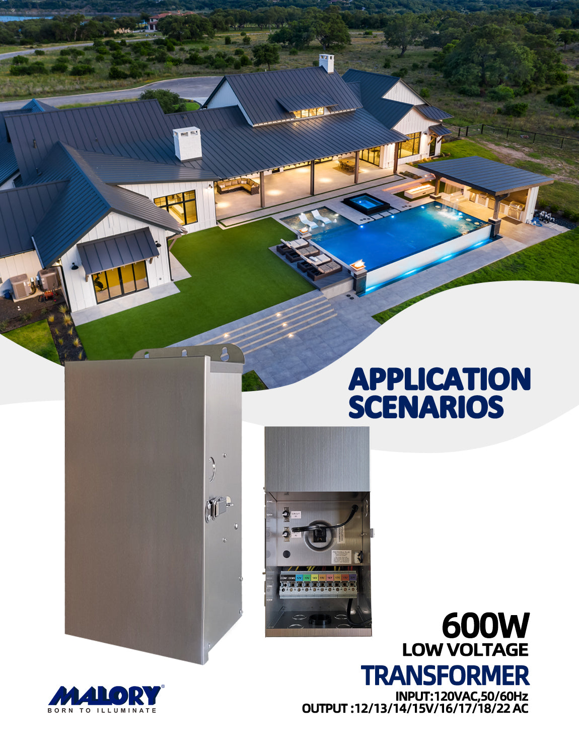 600W low voltage transformer powering landscape lights at night