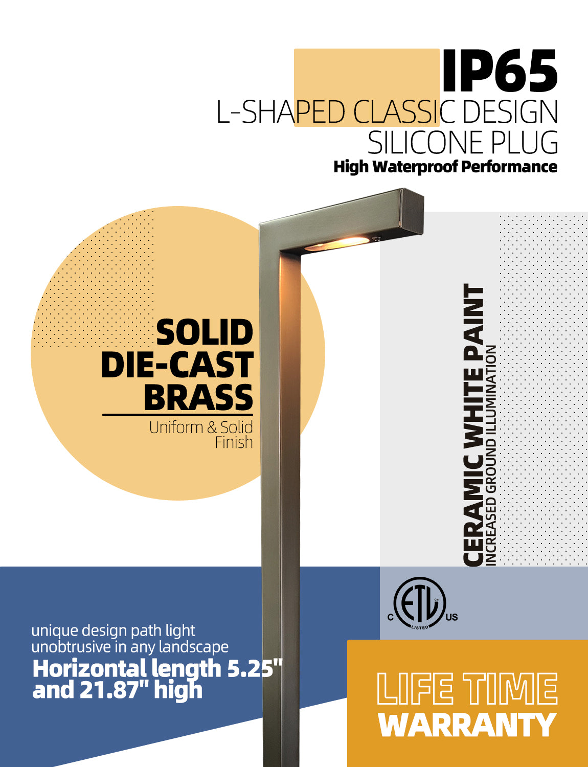 MALORY Brass Waterproof Landscape Low Voltage LED Path Lights for Garden,Walkway (MLR-P02)