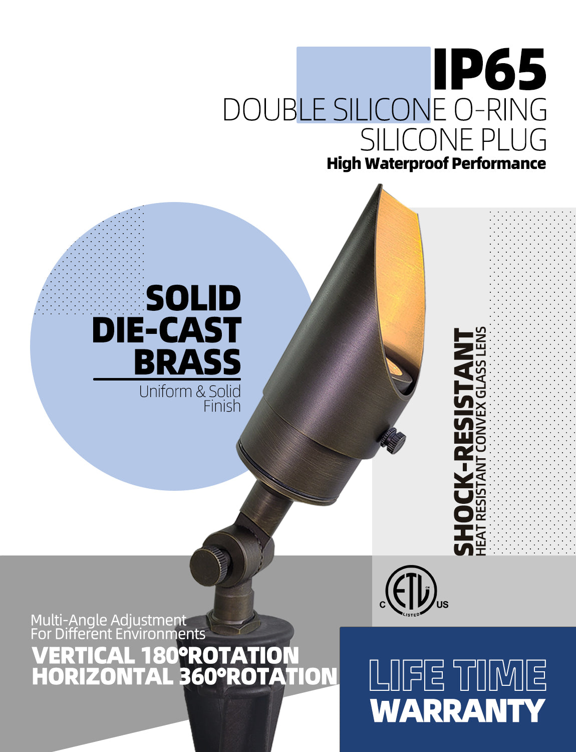 MALORY 12V Brass Shroud Adjustable Outside Spotlights PVC Ground Stake and Wire Connector Included (MLR-S04)