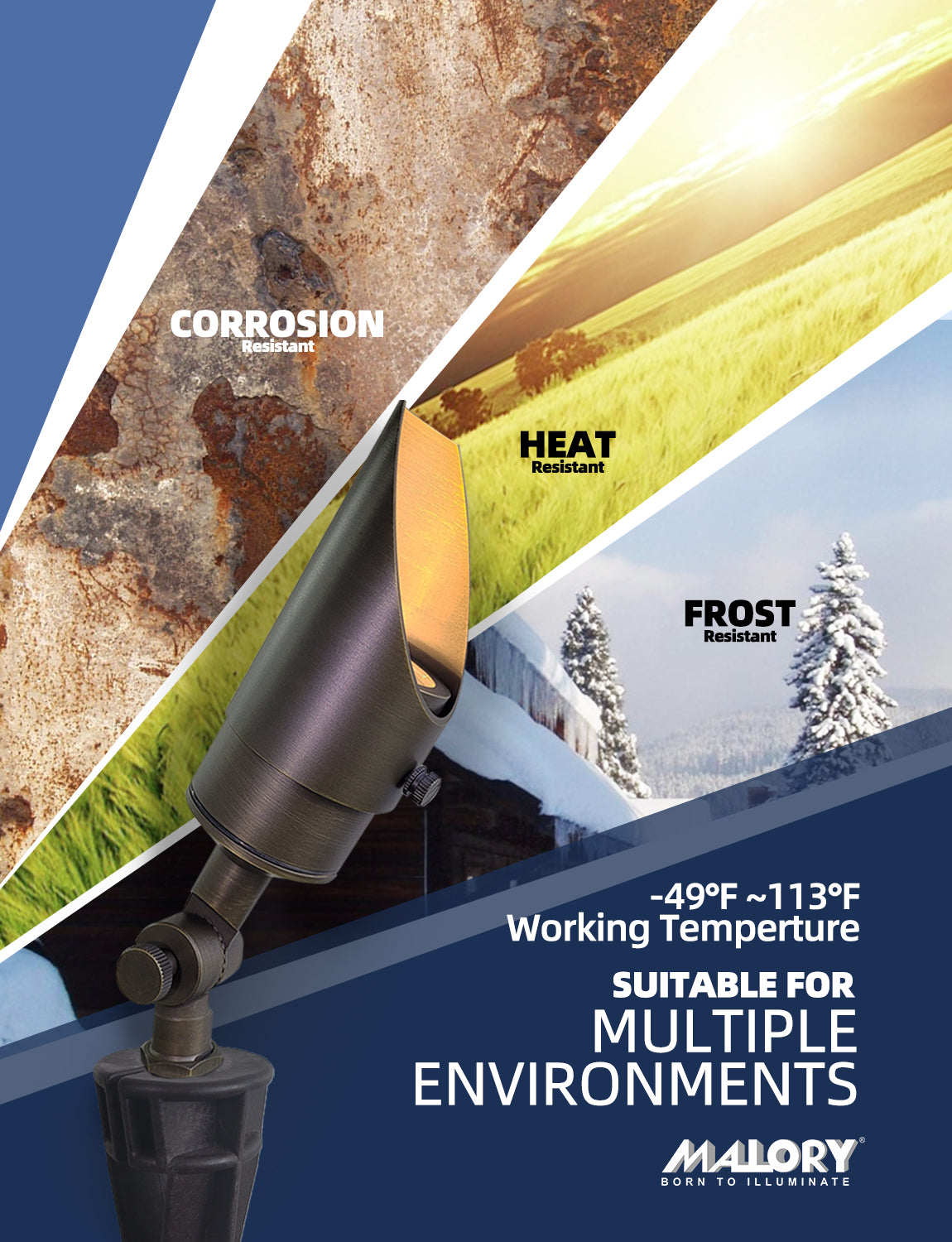 MALORY 12V Brass Shroud Adjustable Outside Spotlights PVC Ground Stake and Wire Connector Included (MLR-S04)