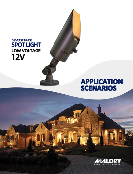 MALORY 12V Brass Shroud Adjustable Outside Spotlights PVC Ground Stake and Wire Connector Included (MLR-S04)