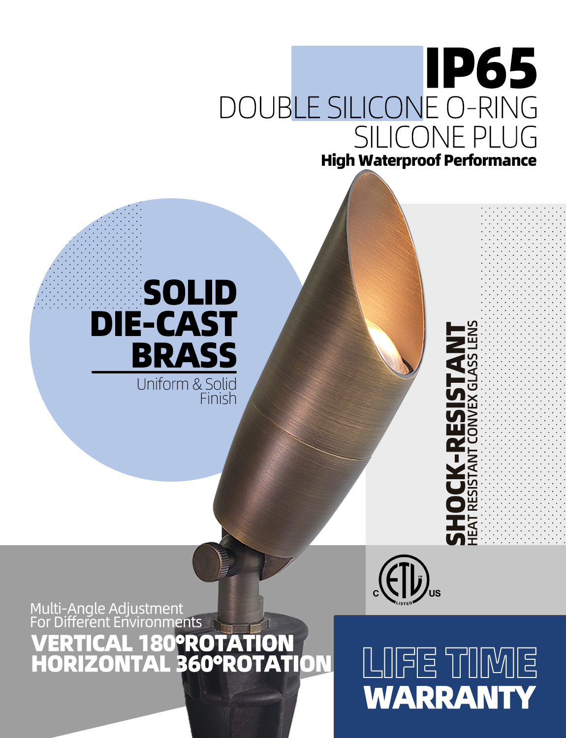 MALORY 12V Solid Brass Outdoor Spotlight for Front and Backyard with Large Rugged Slot Spike (MLR-S06)