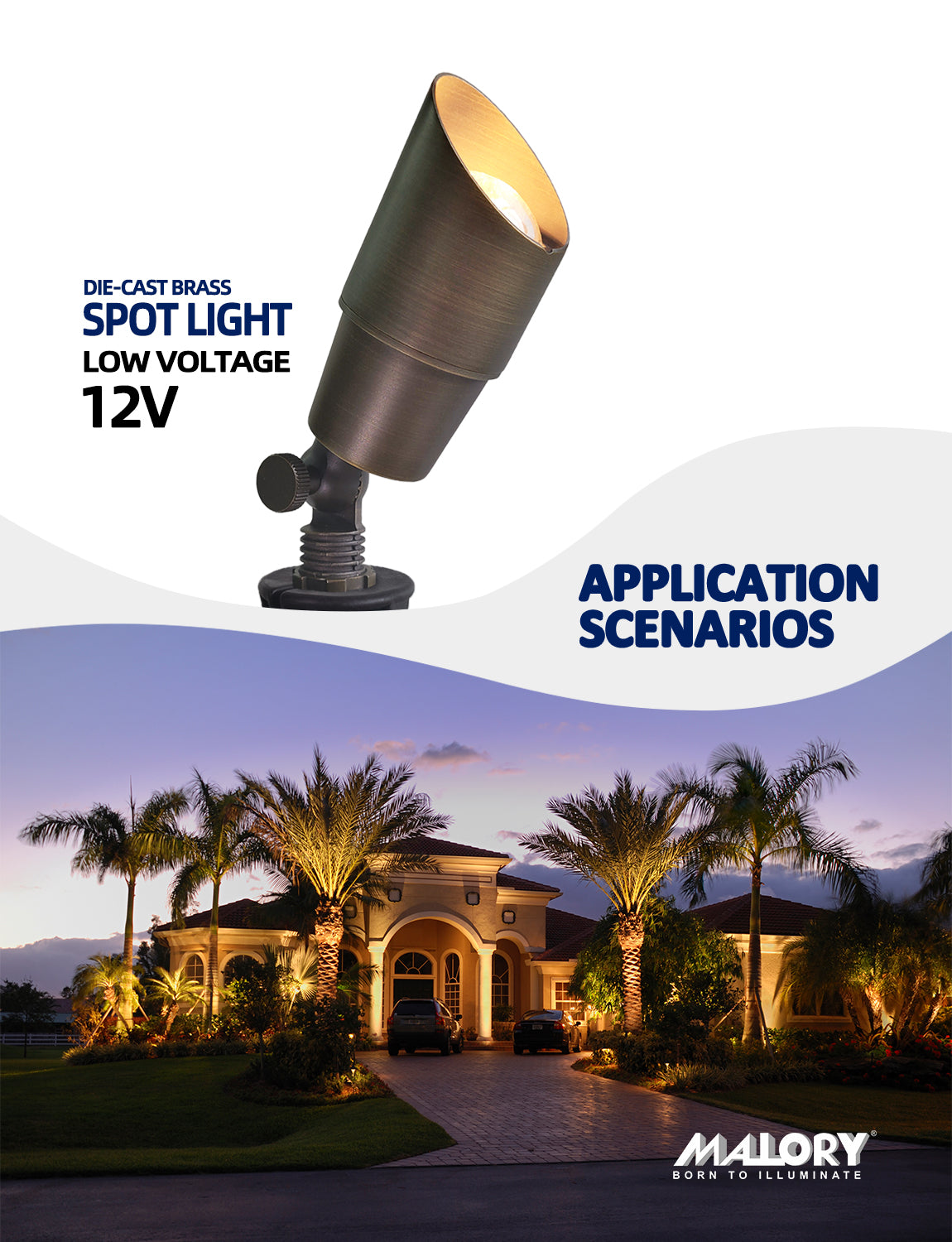 Brass landscape spotlight MLR-S01 illuminating outdoor landscape at night