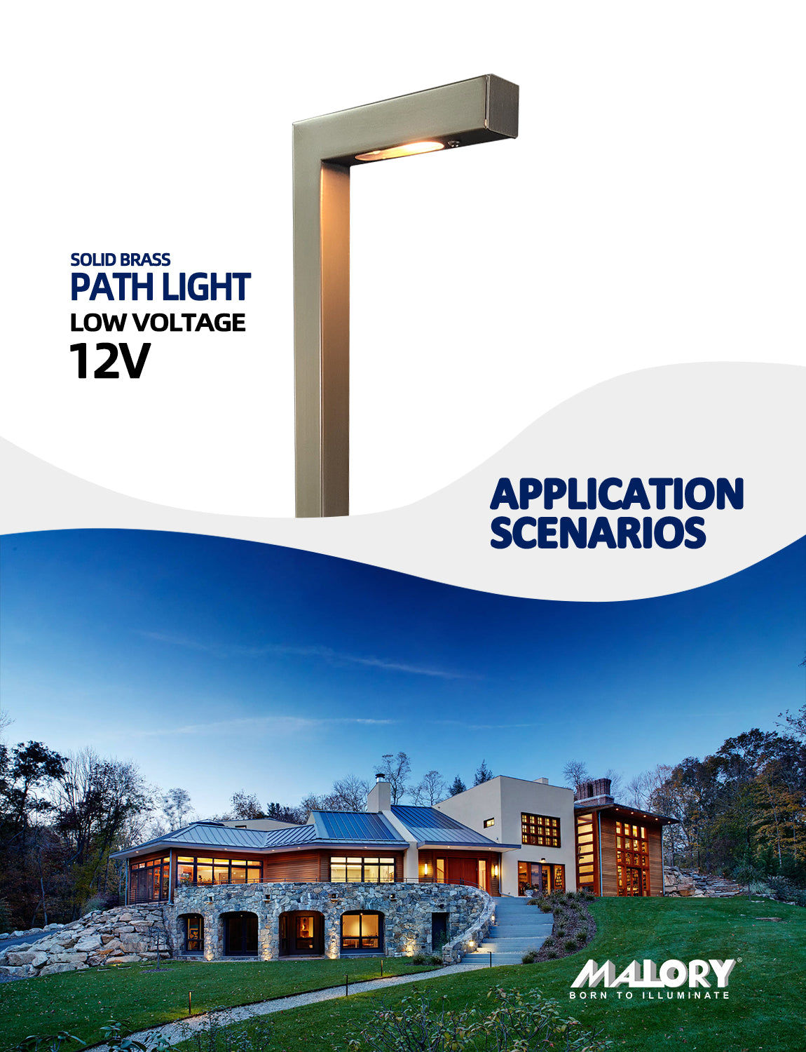 Outdoor brass path light MLR-P02 providing walkway illumination at night