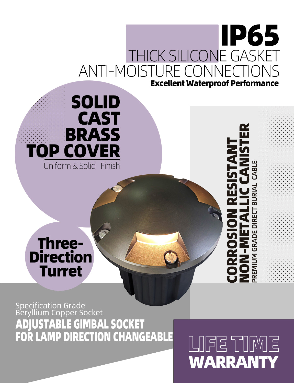 MALORY Brass 12V Three-Direction Turret In-Ground Well Light – Low Voltage Landscape Lighting  (MLR-G07)