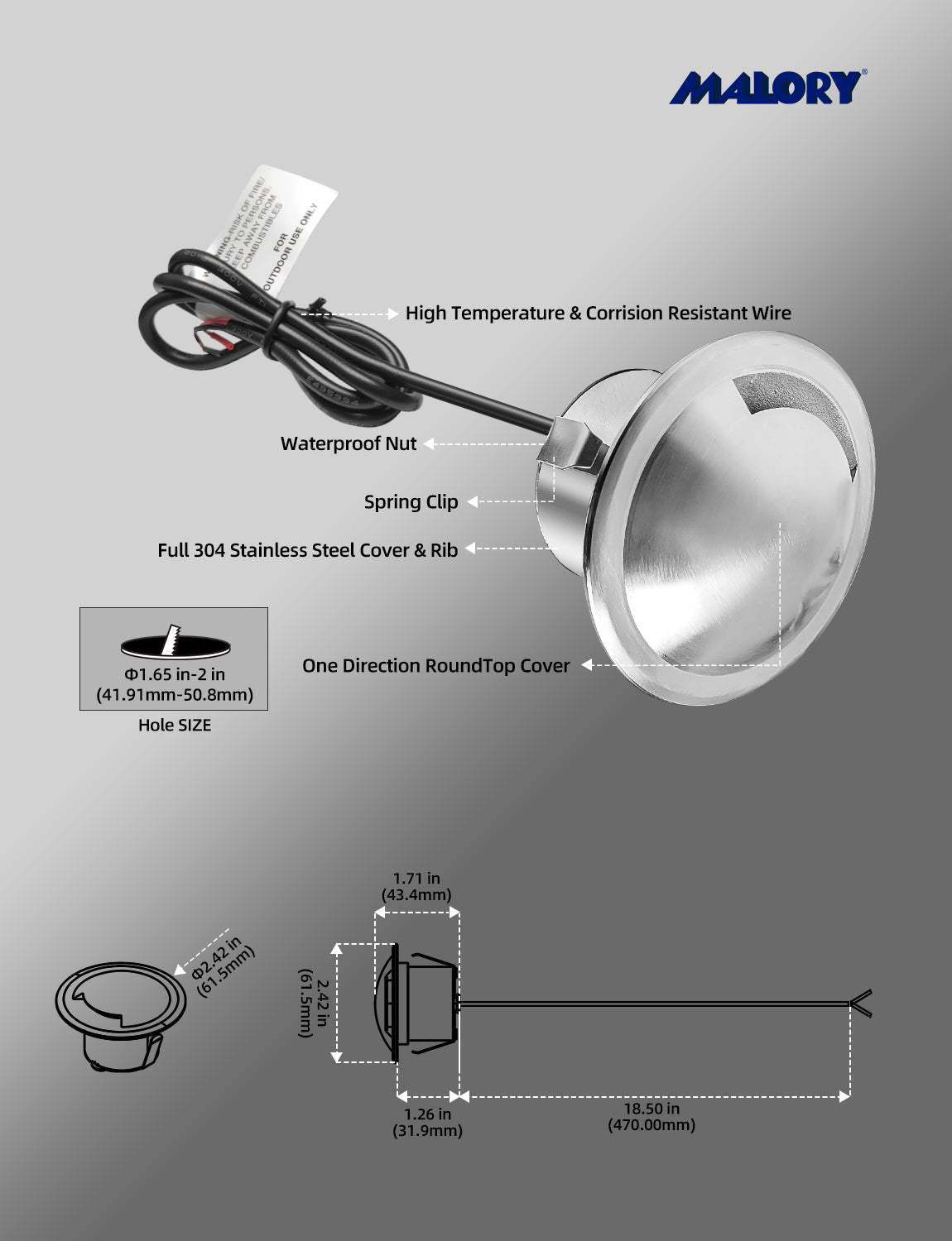 MALORY Stainless Steel 4W 12V Recessed LED Deck Light Step Stair Lights Round Top-(MLR-SSG08~09)