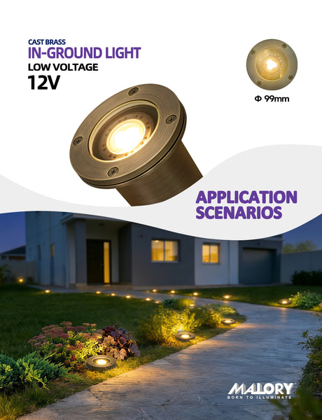 MALORY 12V Full Brass Flat Top In-Ground Well Light – Low Voltage Outdoor Landscape Fixture with 7W MR16 Bulb (MLR-G03)