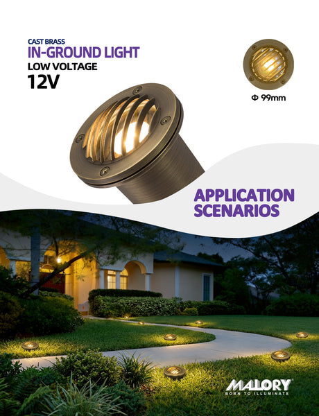 MALORY Full Brass In-Ground Anti-Glare Well Light with 7W MR16 Bulb – Low Voltage Waterproof Landscape Uplight (MLR-G04-2)