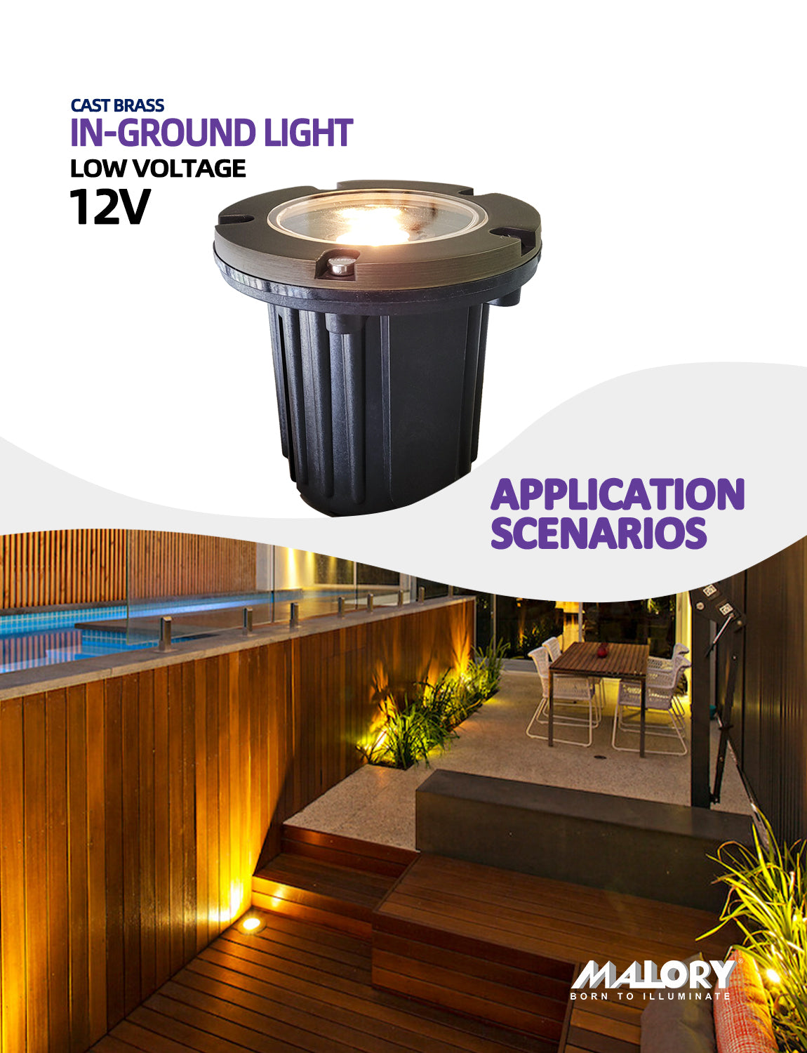 MALORY 12V Brass In-Ground Landscape Well Light with Flat Top – Low Voltage Outdoor Uplighting (MLR-G01)