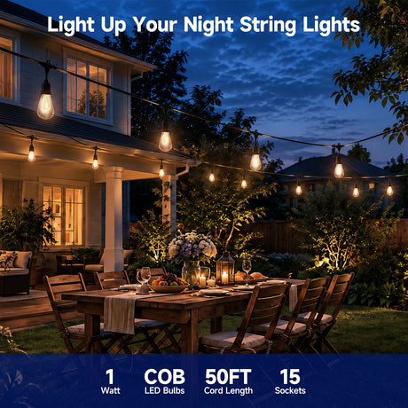 Malory 120V 50FT Outdoor Bistro String Lights – 15 COB LED Bulbs, 1W, 60 Lumens Each (MLR-ST01)