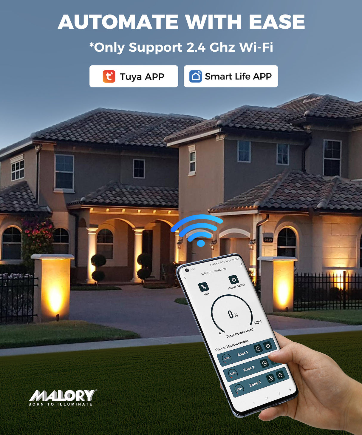 MALORY 300W Smart Wi-Fi Low Voltage Landscape Transformer, 3-Zone 12V/13V/15V AC Weatherproof Stainless Steel Power Pack