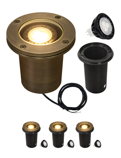 MALORY 12V Full Brass Flat Top In-Ground Well Light – Low Voltage Outdoor Landscape Fixture with 7W MR16 Bulb (MLR-G03)