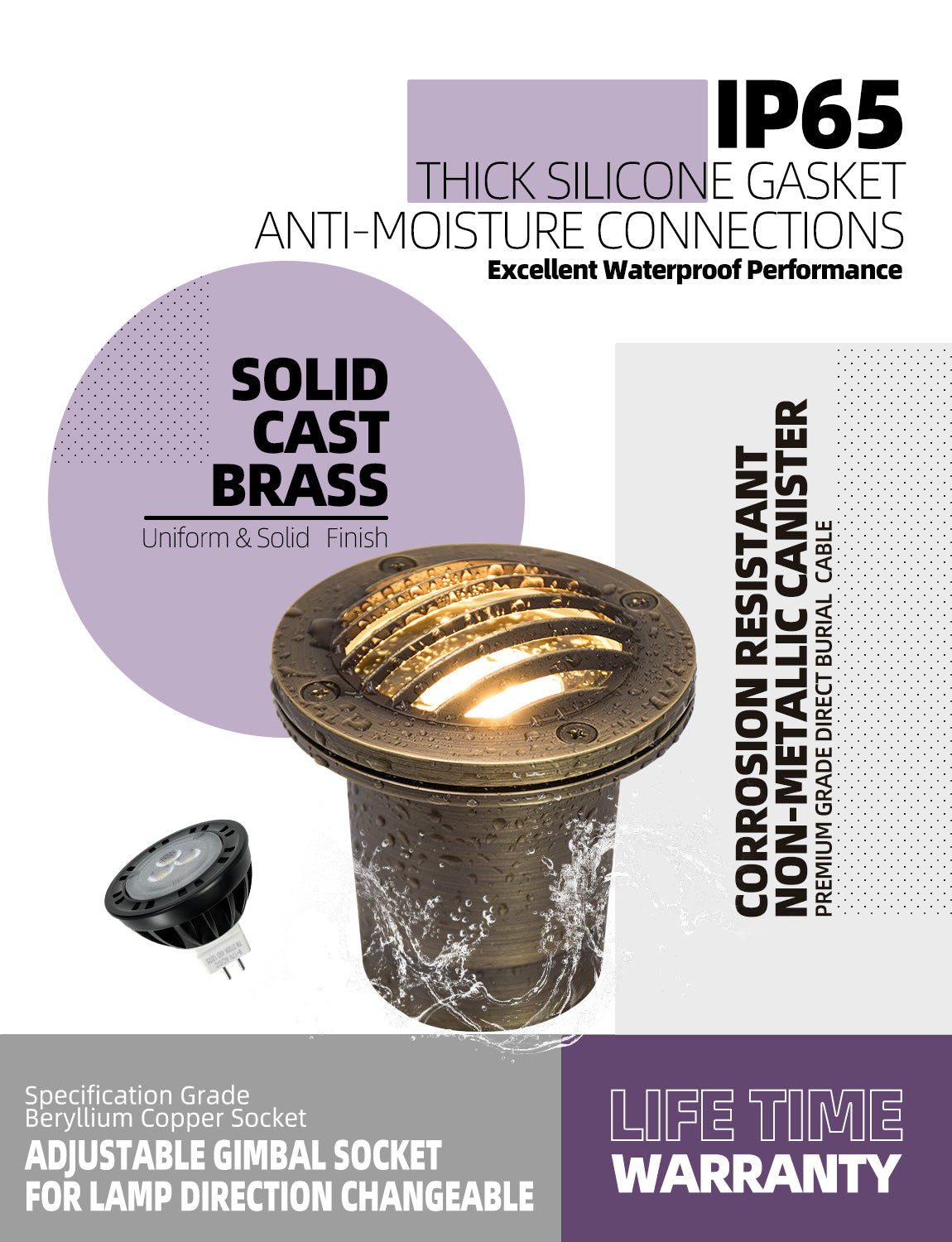 Malory MLR-G04-2 Full Brass Anti-Glare In-Ground Well Light, 7W MR16 Landscape Uplighting, Bulb Included