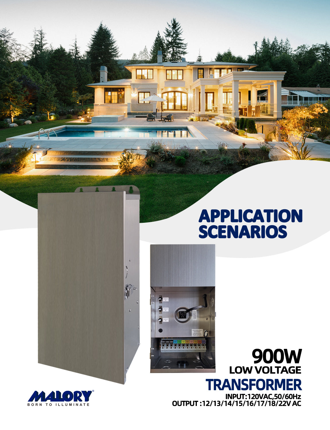 MALORY 900W Low Voltage Multi-Tap Landscape Lighting Transformer – 120V to 12V-22V Outdoor Power Supply (MLR-T05)