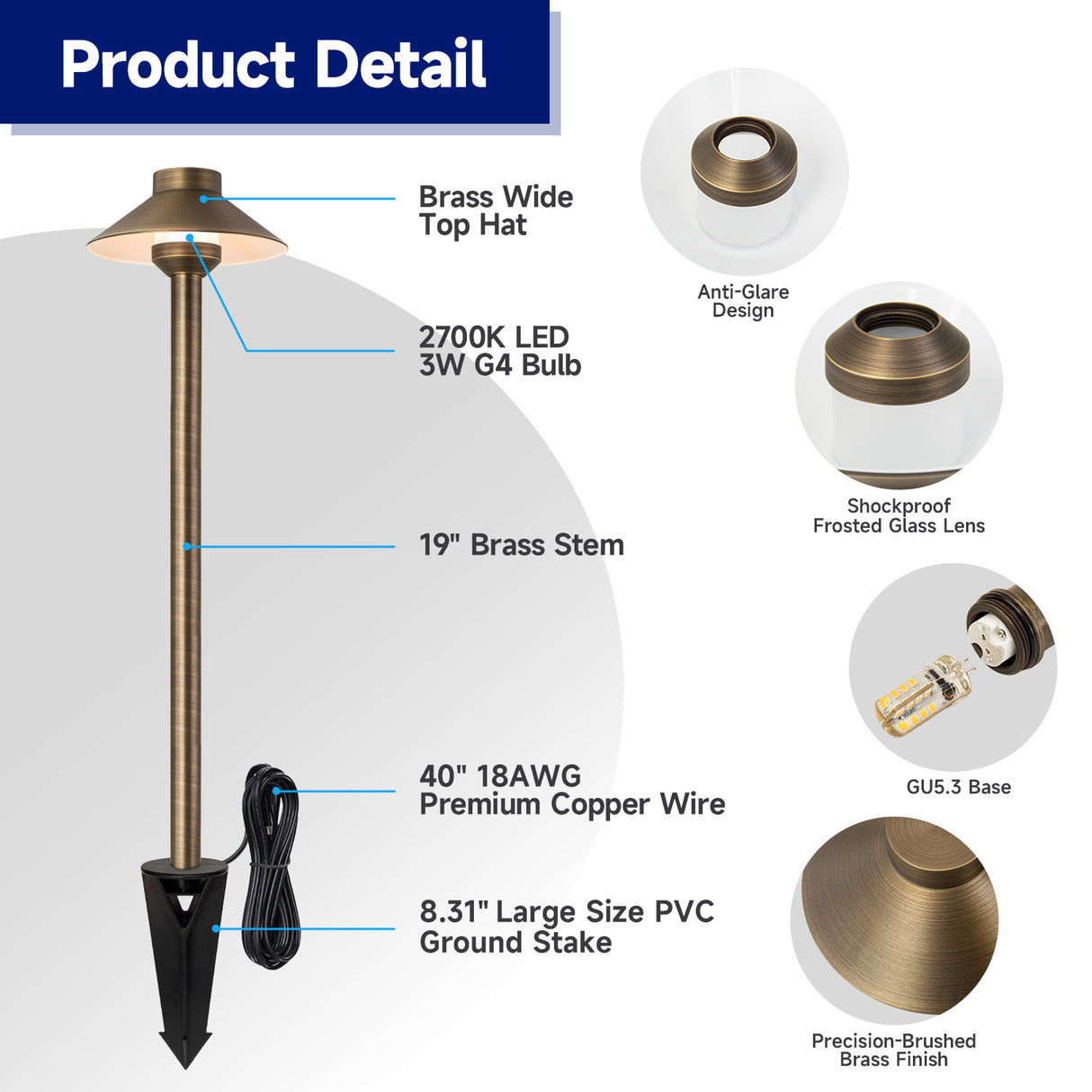 MALORY MLR-P01 Brass Low Voltage LED Path Light for Walkways & Garden