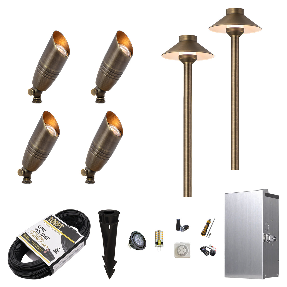 MALORY Essential 6-Light Low Voltage Brass Landscape Lighting Kit – 4 Spotlights + 2 Path Lights + 150W Transfomer+ 100 FT cable (MLR-K01)